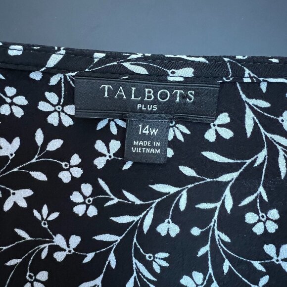 Talbots Blouse Top Womens 14W Black White Floral‎ Short Sleeve Button Up Sheer - Picture 9 of 10